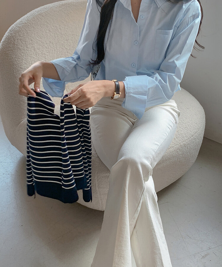 【SET】シャツ+ボーダーショルダーショールマフラー SKY BLUE