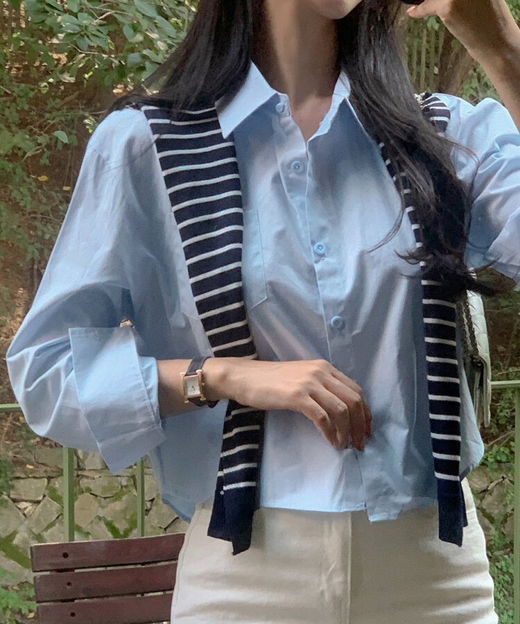 【SET】シャツ+ボーダーショルダーショールマフラー SKY BLUE