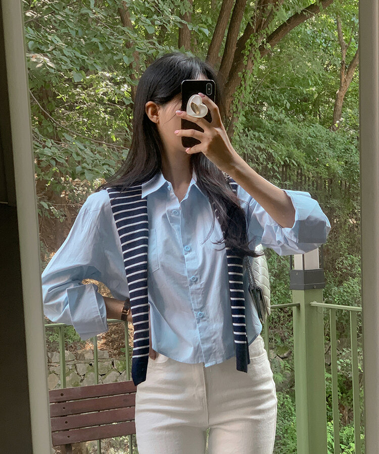 【SET】シャツ+ボーダーショルダーショールマフラー SKY BLUE