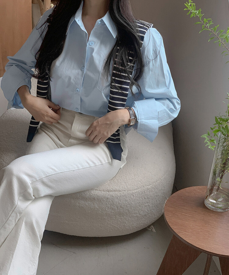 【SET】シャツ+ボーダーショルダーショールマフラー SKY BLUE