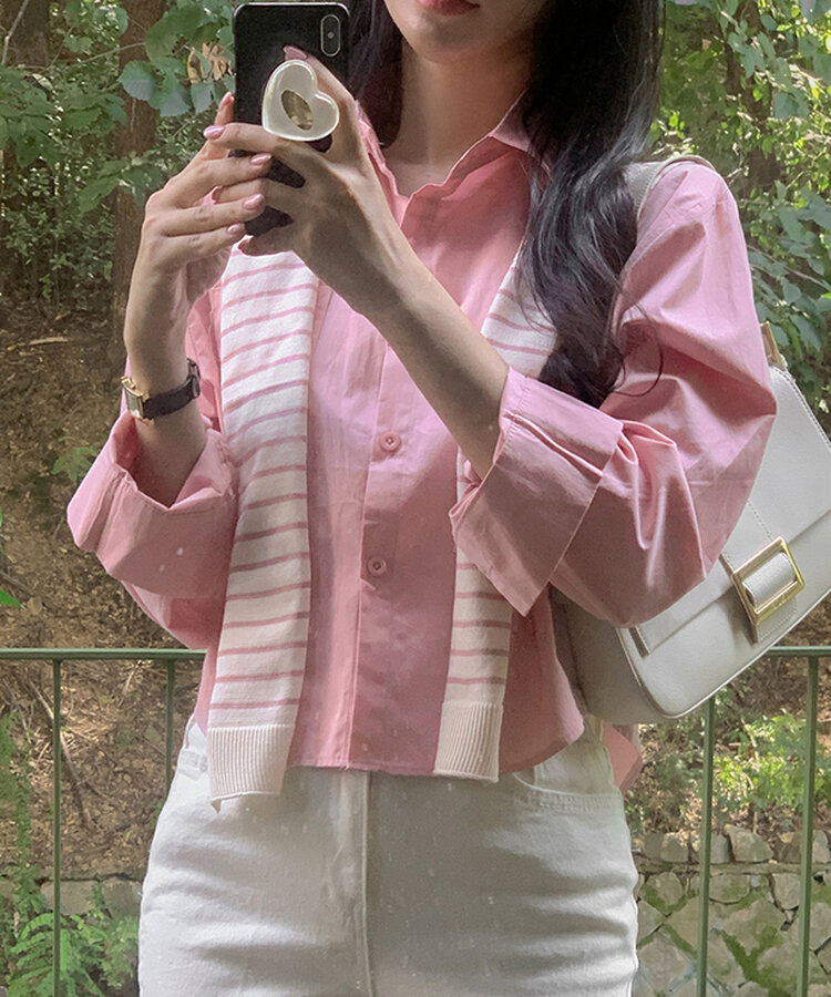 【SET】シャツ+ボーダーショルダーショールマフラー PINK