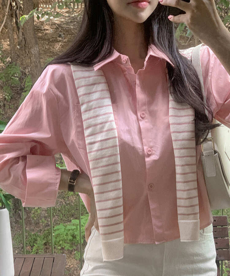 【SET】シャツ+ボーダーショルダーショールマフラー PINK