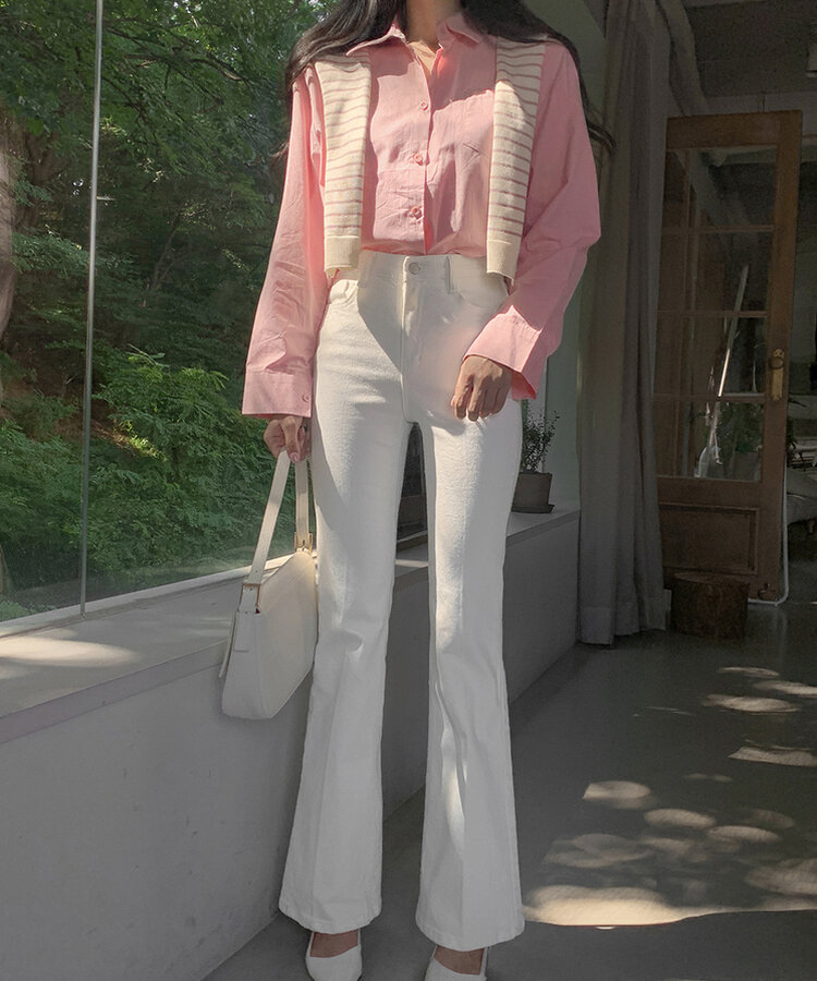 【SET】シャツ+ボーダーショルダーショールマフラー PINK