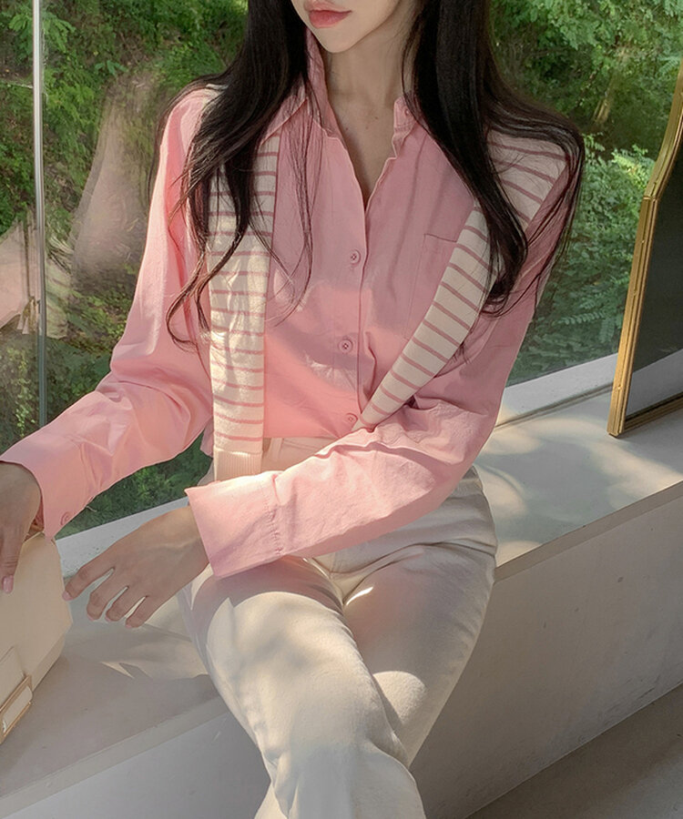 【SET】シャツ+ボーダーショルダーショールマフラー PINK