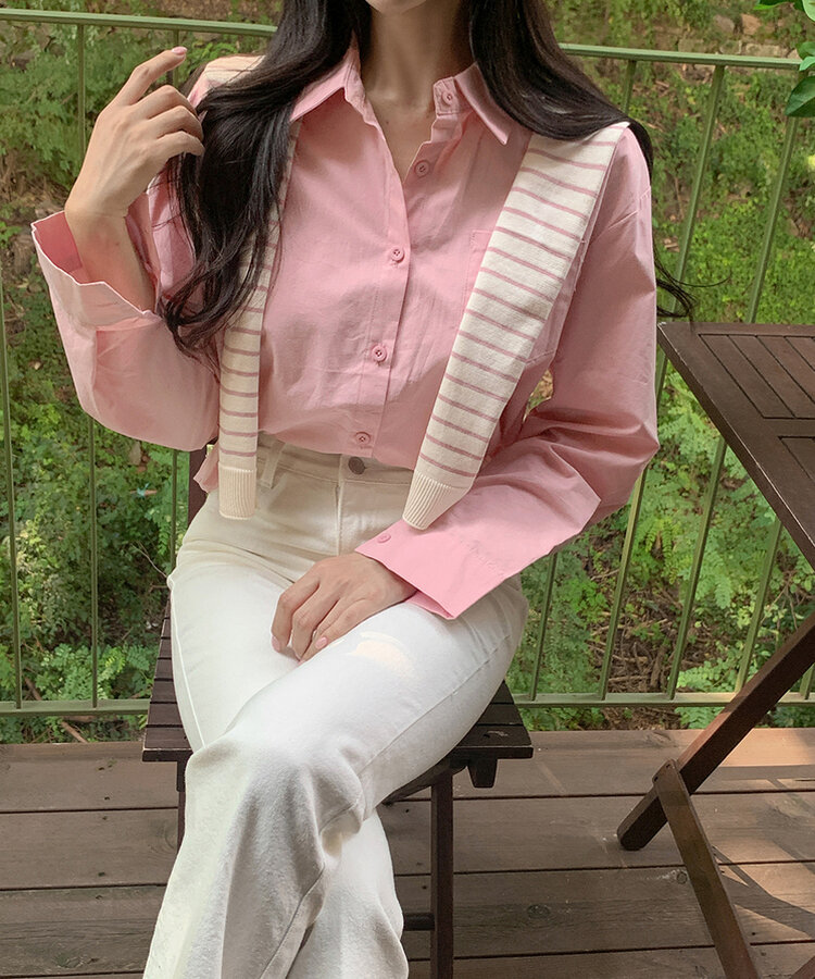 【SET】シャツ+ボーダーショルダーショールマフラー PINK