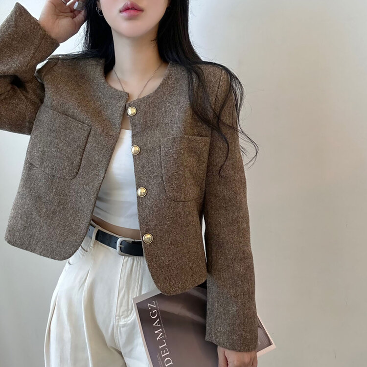 ツイードクロップラウンドジャケット BROWN