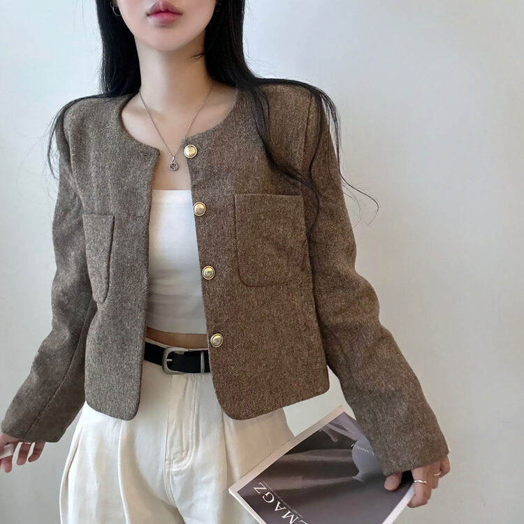 ツイードクロップラウンドジャケット BROWN