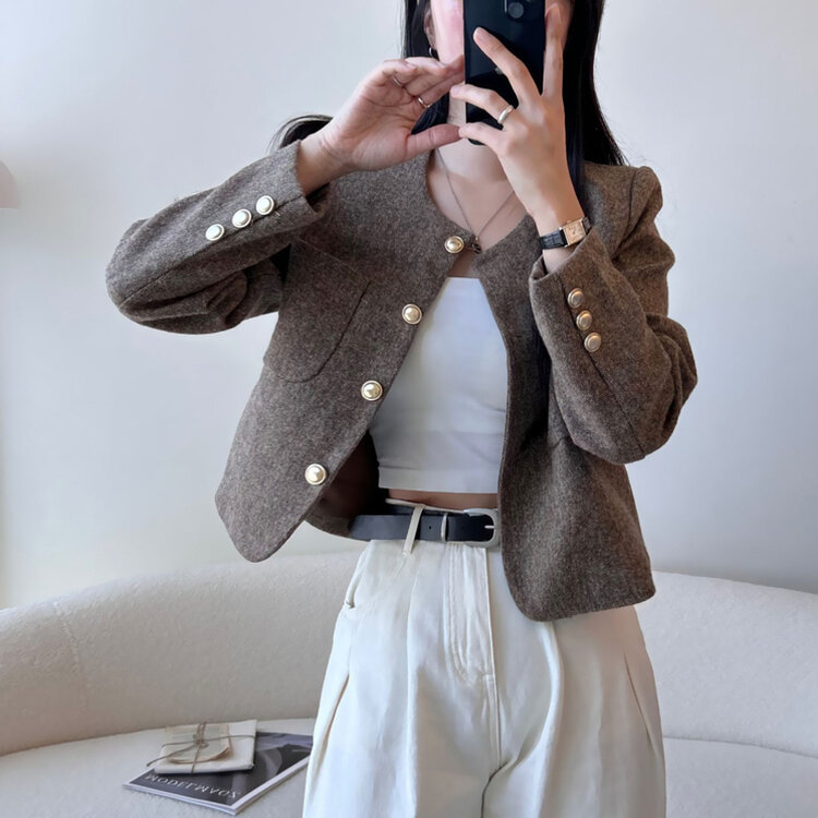 ツイードクロップラウンドジャケット BROWN