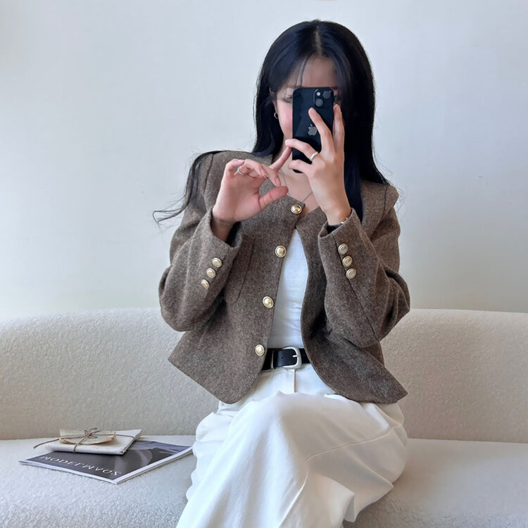 ツイードクロップラウンドジャケット BROWN