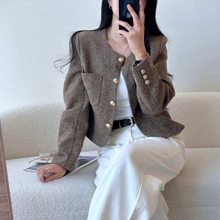 ツイードクロップラウンドジャケット BROWN