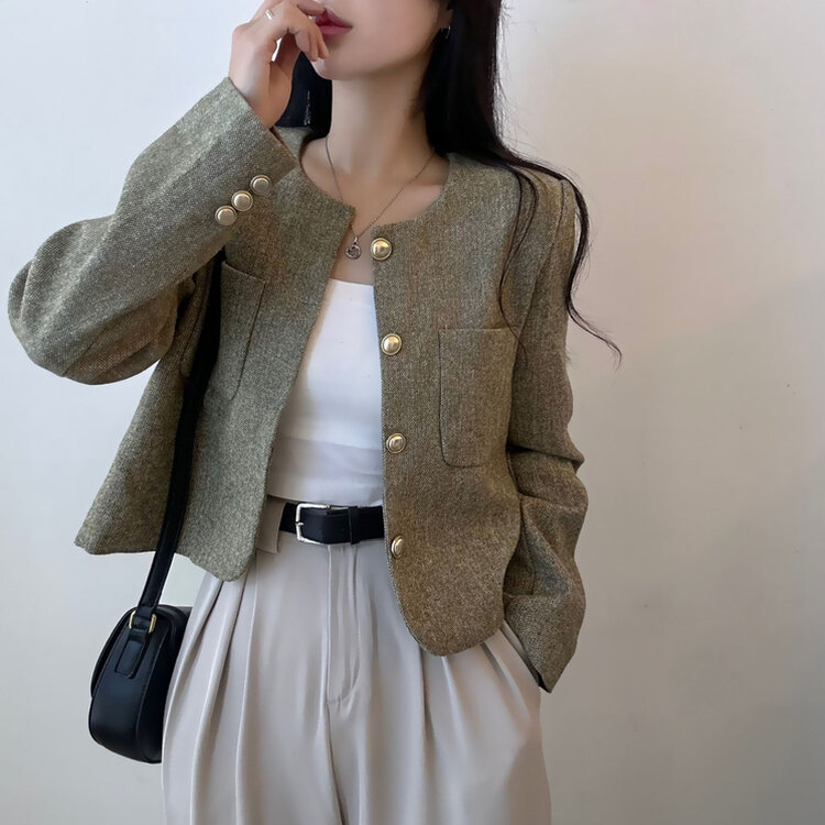 ツイードクロップラウンドジャケット KHAKI