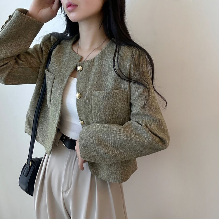 ツイードクロップラウンドジャケット KHAKI