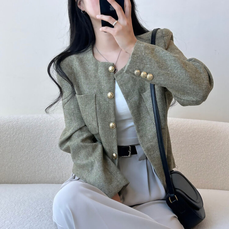 ツイードクロップラウンドジャケット KHAKI