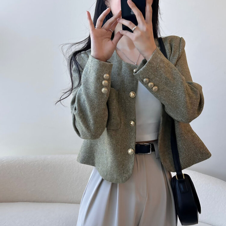 ツイードクロップラウンドジャケット KHAKI