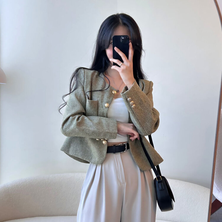 ツイードクロップラウンドジャケット KHAKI