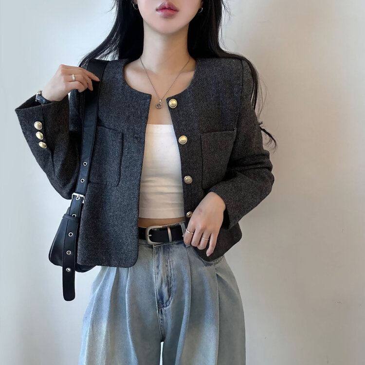 ツイードクロップラウンドジャケット BLACK