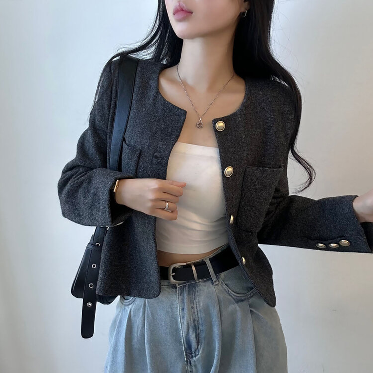 ツイードクロップラウンドジャケット BLACK