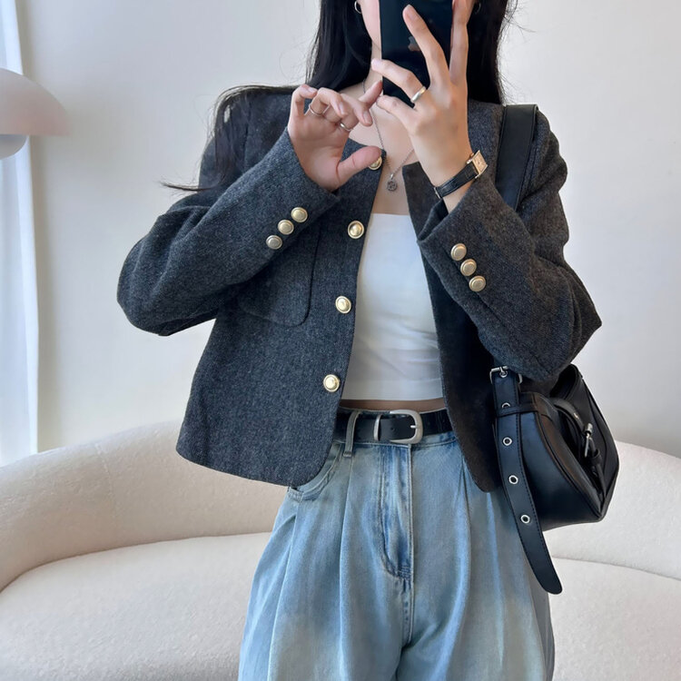 ツイードクロップラウンドジャケット BLACK