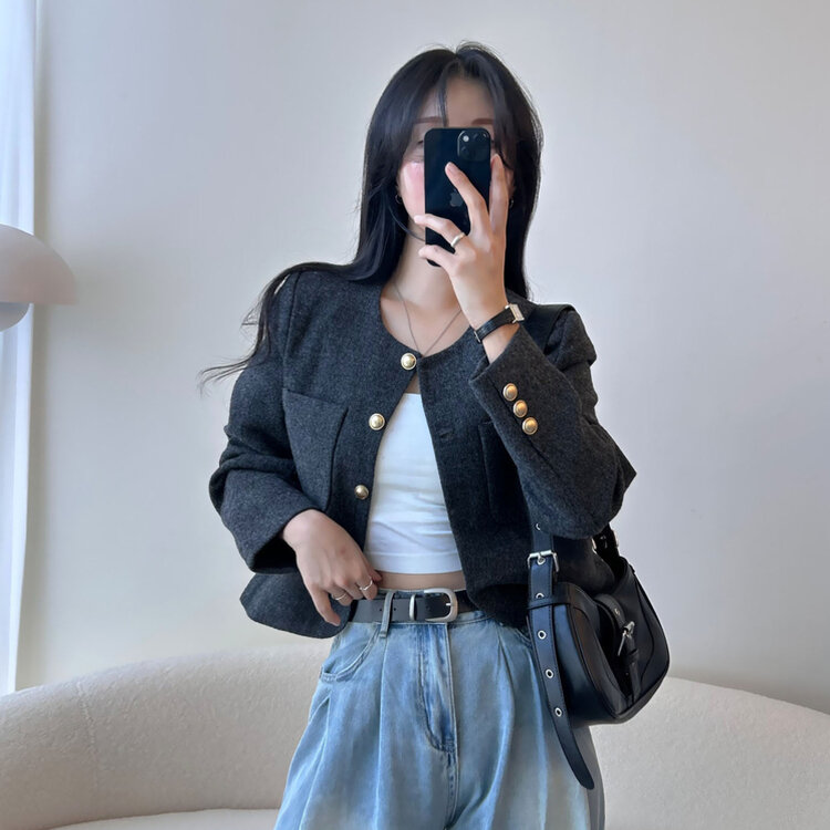 ツイードクロップラウンドジャケット BLACK