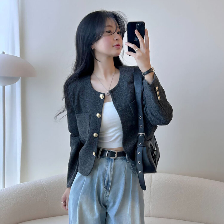 ツイードクロップラウンドジャケット BLACK