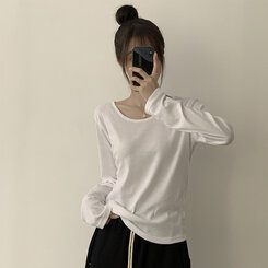 답답함 없는 리나 라운드 긴팔 가을 티셔츠 세미 크롭 캐주얼 무지 Y2K 긴팔티 6color 아이보리