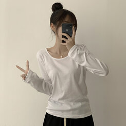 답답함 없는 리나 라운드 긴팔 가을 티셔츠 세미 크롭 캐주얼 무지 Y2K 긴팔티 6color 아이보리