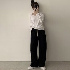 답답함 없는 리나 라운드 긴팔 가을 티셔츠 세미 크롭 캐주얼 무지 Y2K 긴팔티 6color 아이보리