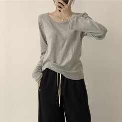 답답함 없는 리나 라운드 긴팔 가을 티셔츠 세미 크롭 캐주얼 무지 Y2K 긴팔티 6color 그레이