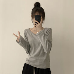 답답함 없는 리나 라운드 긴팔 가을 티셔츠 세미 크롭 캐주얼 무지 Y2K 긴팔티 6color 그레이