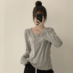 답답함 없는 리나 라운드 긴팔 가을 티셔츠 세미 크롭 캐주얼 무지 Y2K 긴팔티 6color 그레이