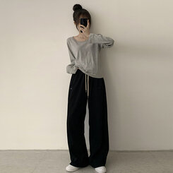 답답함 없는 리나 라운드 긴팔 가을 티셔츠 세미 크롭 캐주얼 무지 Y2K 긴팔티 6color 그레이