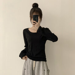답답함 없는 리나 라운드 긴팔 가을 티셔츠 세미 크롭 캐주얼 무지 Y2K 긴팔티 6color 블랙