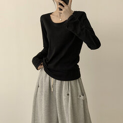 답답함 없는 리나 라운드 긴팔 가을 티셔츠 세미 크롭 캐주얼 무지 Y2K 긴팔티 6color 블랙