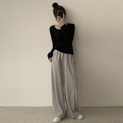 답답함 없는 리나 라운드 긴팔 가을 티셔츠 세미 크롭 캐주얼 무지 Y2K 긴팔티 6color 블랙