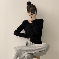 답답함 없는 리나 라운드 긴팔 가을 티셔츠 세미 크롭 캐주얼 무지 Y2K 긴팔티 6color 블랙