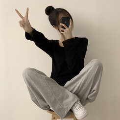 답답함 없는 리나 라운드 긴팔 가을 티셔츠 세미 크롭 캐주얼 무지 Y2K 긴팔티 6color 블랙