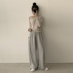 답답함 없는 리나 라운드 긴팔 가을 티셔츠 세미 크롭 캐주얼 무지 Y2K 긴팔티 6color 베이지