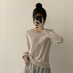 답답함 없는 리나 라운드 긴팔 가을 티셔츠 세미 크롭 캐주얼 무지 Y2K 긴팔티 6color 베이지