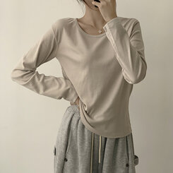 답답함 없는 리나 라운드 긴팔 가을 티셔츠 세미 크롭 캐주얼 무지 Y2K 긴팔티 6color 베이지