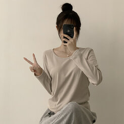답답함 없는 리나 라운드 긴팔 가을 티셔츠 세미 크롭 캐주얼 무지 Y2K 긴팔티 6color 베이지