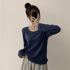 답답함 없는 리나 라운드 긴팔 가을 티셔츠 세미 크롭 캐주얼 무지 Y2K 긴팔티 6color 곤색