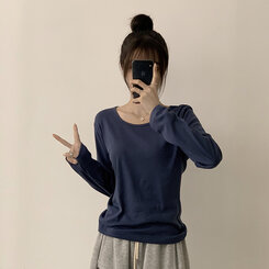 답답함 없는 리나 라운드 긴팔 가을 티셔츠 세미 크롭 캐주얼 무지 Y2K 긴팔티 6color 곤색