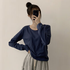 답답함 없는 리나 라운드 긴팔 가을 티셔츠 세미 크롭 캐주얼 무지 Y2K 긴팔티 6color 곤색