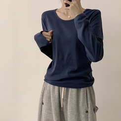 답답함 없는 리나 라운드 긴팔 가을 티셔츠 세미 크롭 캐주얼 무지 Y2K 긴팔티 6color 곤색