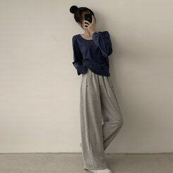 답답함 없는 리나 라운드 긴팔 가을 티셔츠 세미 크롭 캐주얼 무지 Y2K 긴팔티 6color 곤색