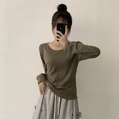 답답함 없는 리나 라운드 긴팔 가을 티셔츠 세미 크롭 캐주얼 무지 Y2K 긴팔티 6color 카키