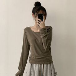 답답함 없는 리나 라운드 긴팔 가을 티셔츠 세미 크롭 캐주얼 무지 Y2K 긴팔티 6color 카키