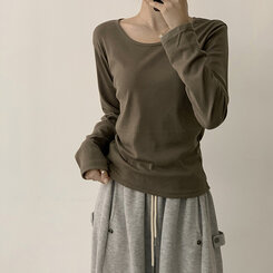 답답함 없는 리나 라운드 긴팔 가을 티셔츠 세미 크롭 캐주얼 무지 Y2K 긴팔티 6color 카키