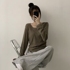 답답함 없는 리나 라운드 긴팔 가을 티셔츠 세미 크롭 캐주얼 무지 Y2K 긴팔티 6color 카키