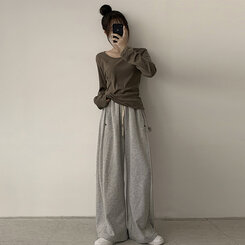 답답함 없는 리나 라운드 긴팔 가을 티셔츠 세미 크롭 캐주얼 무지 Y2K 긴팔티 6color 카키